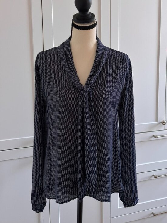 LOFT Tops - LOFT Navy Polka Dot Tie-Neck Blouse | Size S | Long Sleeve | Swing Silhouette